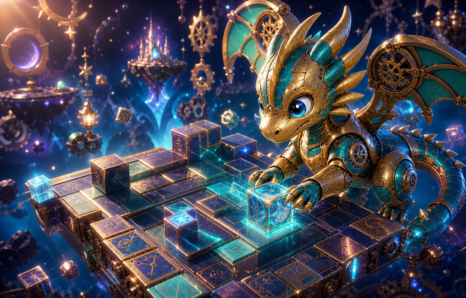 A NazoTama-style mechanical dragon nudging an isometric puzzle block